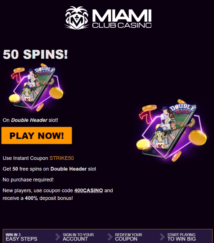 JackpotsSlot's tweet photo. Miami Club Online Casino: 50 Free Spins on Double Header Slot NO DEPOSIT BONUS + 400% Match to $400 @ https://t.co/ud0asPG5ui REAL MONEY #Miami #Club #MiamiClub #NoDepositBonus #FreeChip #NDB #NoDeposit #FreeCasninoChip #FreeSpins #gambling #betting #bet https://t.co/I0hUePLDUi