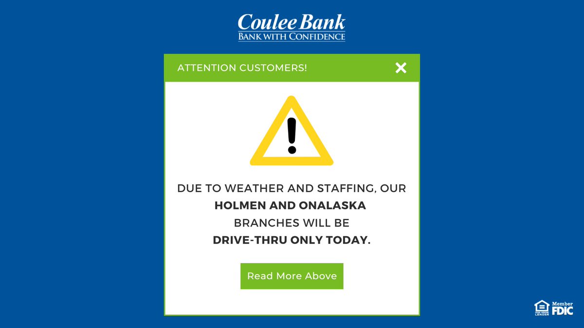 CouleeBank's tweet photo. Due to weather and staffing, our Holmen and Onalaska branches will be drive-thru only today.
Our mobile app and online banking are available as always. Please visit https://t.co/6AmuHtWJ7l to access online banking.

We apologize for the inconvenience. https://t.co/ELCymBlNOP