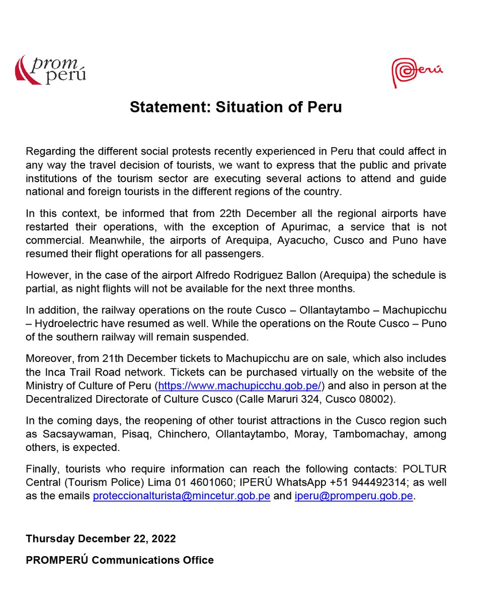PromperuCanada's tweet photo. Latest information about Peru
We will keep you posted on any development.
#Peru #tourism #MachuPicchu #Travel https://t.co/IbKHXuoP9f