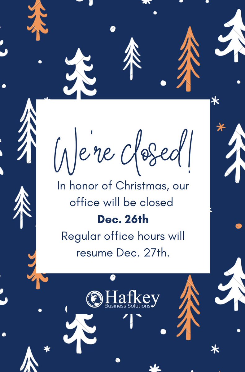 HafkeyBS's tweet photo. Hafkey Business Office will be closed:
Monday, December 26th
in honor of Christmas.

Regular office hours will resume December 27th.

Please email us at:
mark@hafkey.com for any emergencies.

#happyholidays #chicago #marketing #graphicdesign #promotionalproducts #merrychristmas https://t.co/YJV6L1Jgci