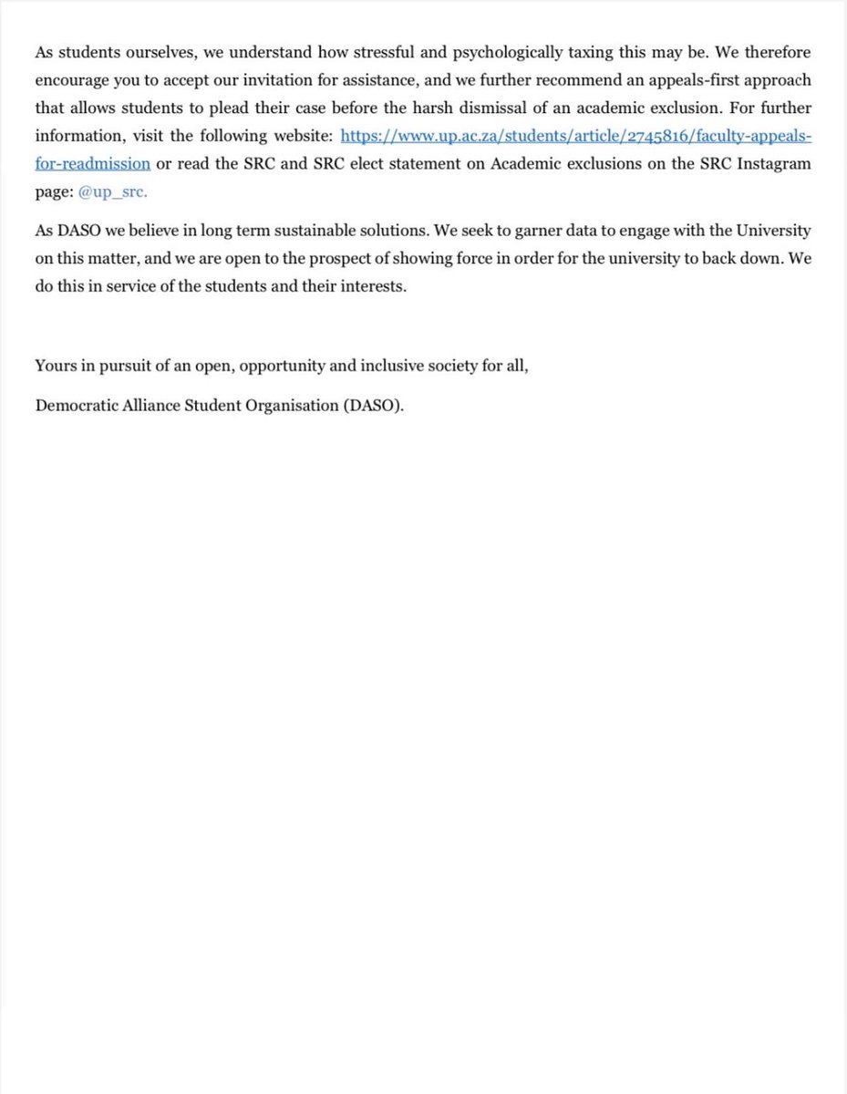 DASO UP’s statement regarding academic exclusions. 

Please do not hesitate to reach out or ask for help in any way. 

DASO leaves no student behind!💙