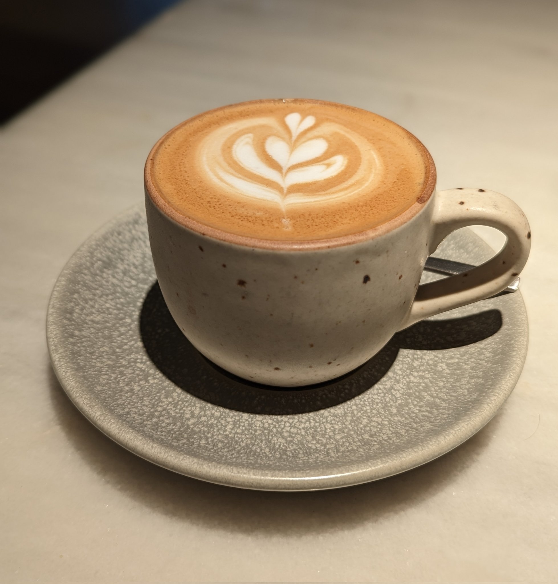 A latte with some latte art in the foam in a tan/grey speckled clay mug