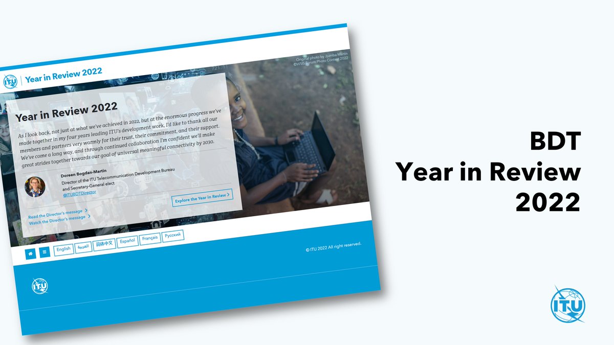 ITUAmericas's tweet photo. A camino de la #ConectividadUniversal, estos son algunos de los destaques del trabajo de la BDT en 2022.
 
Explore el #BDTYearinReview 2022: https://t.co/TYEtXuU3K2 

@ITU @ITUDevelopment https://t.co/9GvBNyGdNV