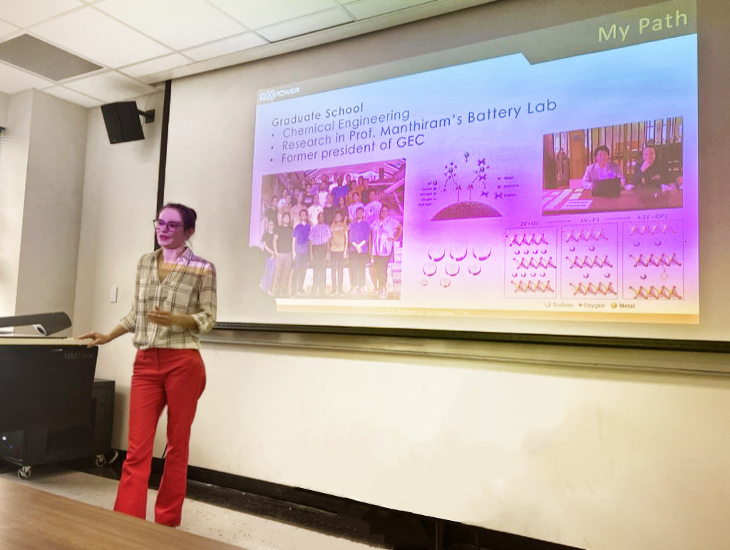TexPowerUS's tweet photo. #TexPower employee Dr. Julia Lamb giving an info session for @UTAustin GEC, presenting on the different career paths you can take after grad school 
#NMA #calthode #Lithium #ElectricVehicles #technology #EnergyStorage #EnergyTransition #batteries #Cobalt https://t.co/EejTDNflAF