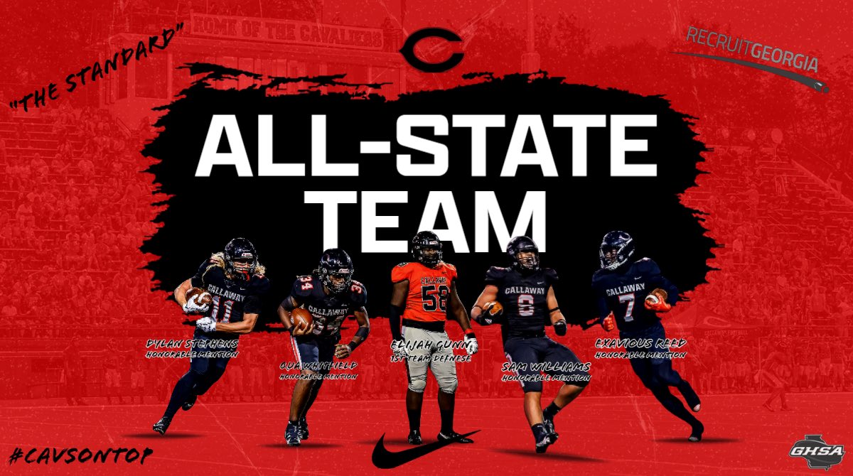 🏈𝐀𝐥𝐥-𝐒𝐭𝐚𝐭𝐞 𝐓𝐞𝐚𝐦🏈 Congratulations to our players who made the @RecruitGeorgia All-State Team‼️ 🔴Elijah Gunn-1st Team Defense 🔴Dylan Stephens- HM 🔴Sam Williams- HM 🔴Qua Whitfield- HM 🔴Exavious Reed-HM