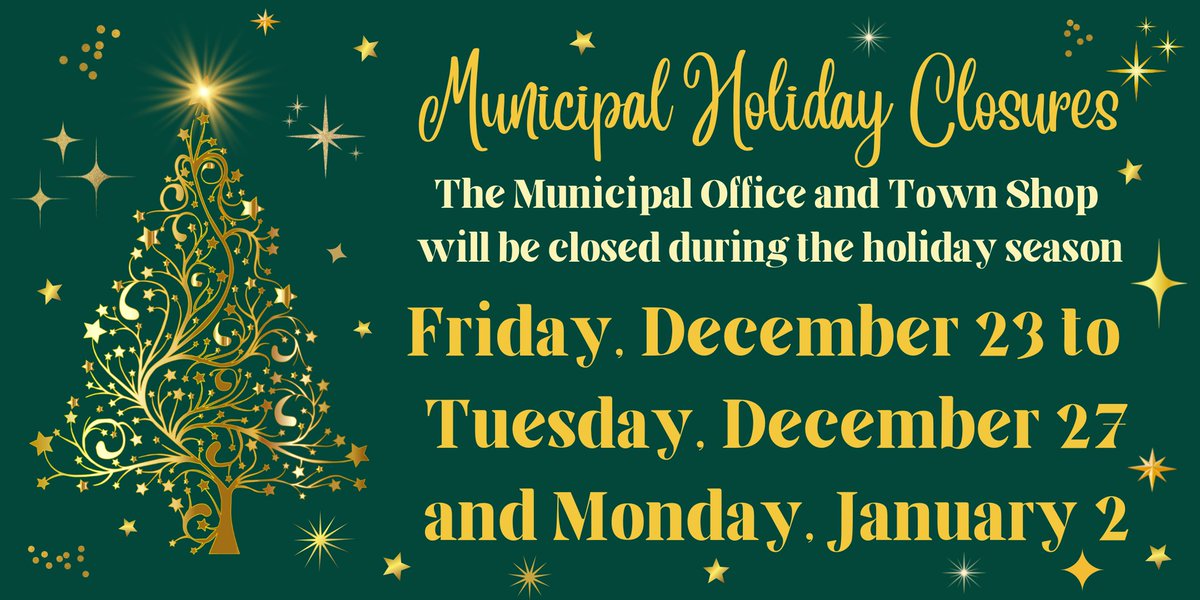 TurnerValleyAB's tweet photo. The Town of Turner Valley Municipal Office and Public Works Shop will be closed for the holidays:

Friday, December 23 - Tuesday, December 27
and Monday, January 2.

Wishing all staff and residents a restful and rejuvenating time with friends and family. https://t.co/gicVgH1cmx