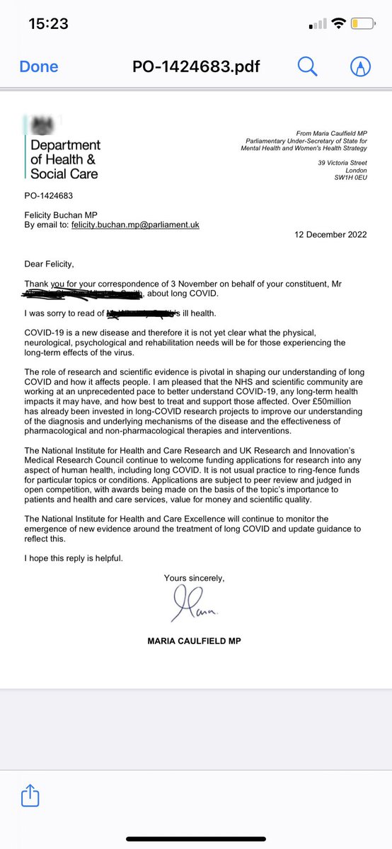 Response from Dept of Health from my email (via MP) about the lack of #LongCovid funding. It’s just not good enough 🙄. Email your MP, keep knocking on the door! ✊🏻