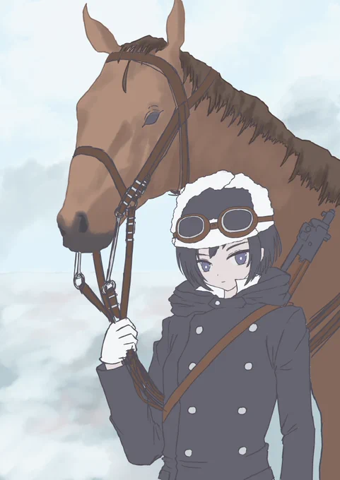 クリスマス用にと思って描いたけどボツにした冬服騎兵軍刀ちゃん、、全然関係ないけどウクライナもWWⅠの時見たくクリスマス休戦とかは、、無理かな、、 