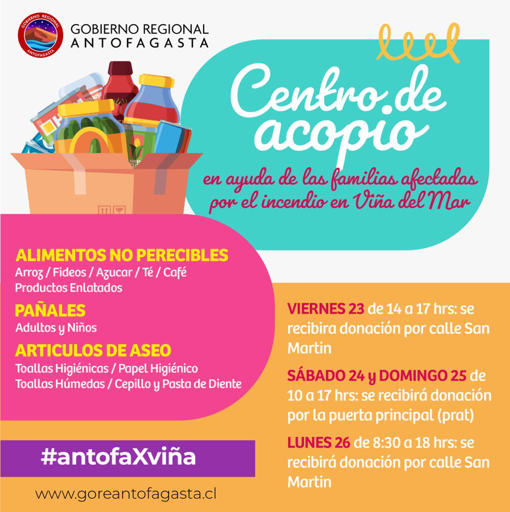 GOREAntofagasta's tweet photo. Antofa ayuda a Viña ❣️🙌 súmate a esta campaña para ir en ayuda de las familias afectadas por los incendios en Viña del Mar 🤝🏻🇨🇱

@DPRAntofagasta @AntofagastaMuni @municipiocalama @spamunicipal @Muni_Tocopilla @municiptaltal @mimejillones @RicardoDiazC https://t.co/pQExa4cok9