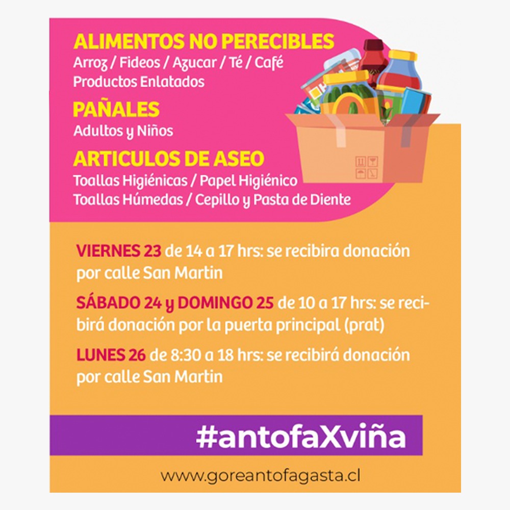 CICITEM_Chile's tweet photo. El @GOREAntofagasta habilitó un centro de acopio para ir en ayuda de las personas afectadas por el incendio en Viña del Mar. Se recibirán alimentos no perecibles, pañales de adulto y de niños y artículos de aseo desde las 14 a 17 horas de hoy. https://t.co/fUtj0jscjr
