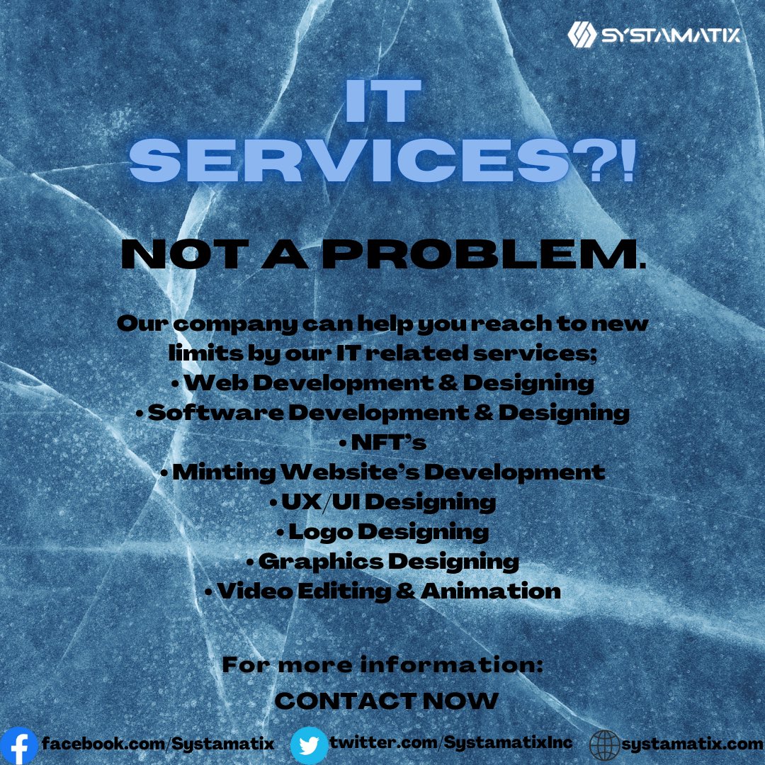 SystamatixInc's tweet photo. Need any kind of IT-related services, we are here to help you,#Hire us
Contact us:
info@systamatix.com
https://t.co/xXNR3ZBYDh
#bitcoinmining #BITCOIN #cryptocurrecy #cryptomarket #NFT #Development #Emotes #Graphics #designing #Etheruem #NFTCommunity #NFTGiveaways #OC #systamatix https://t.co/TN0rruNhlJ