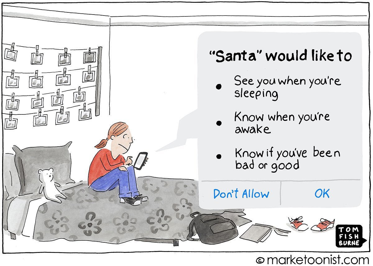 Santa tries to get into the app business with inevitable challenges.

#Christmas #christmas22 #Santa #CES2023 #mobile #app #apps #privacy @Init4Health @ottocrat #infosec 

Great cartoon by Tom Fishburne of Marketoonist marketoonist.com