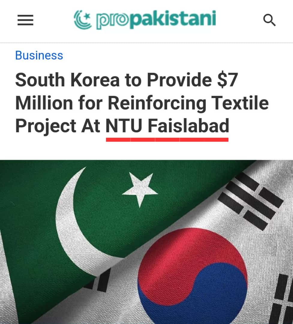 NationalTextil2's tweet photo. South Korea to provide $7 million for reinforcing textile project at national textile university Faisalabad. https://t.co/2J2hLCqiQ5
