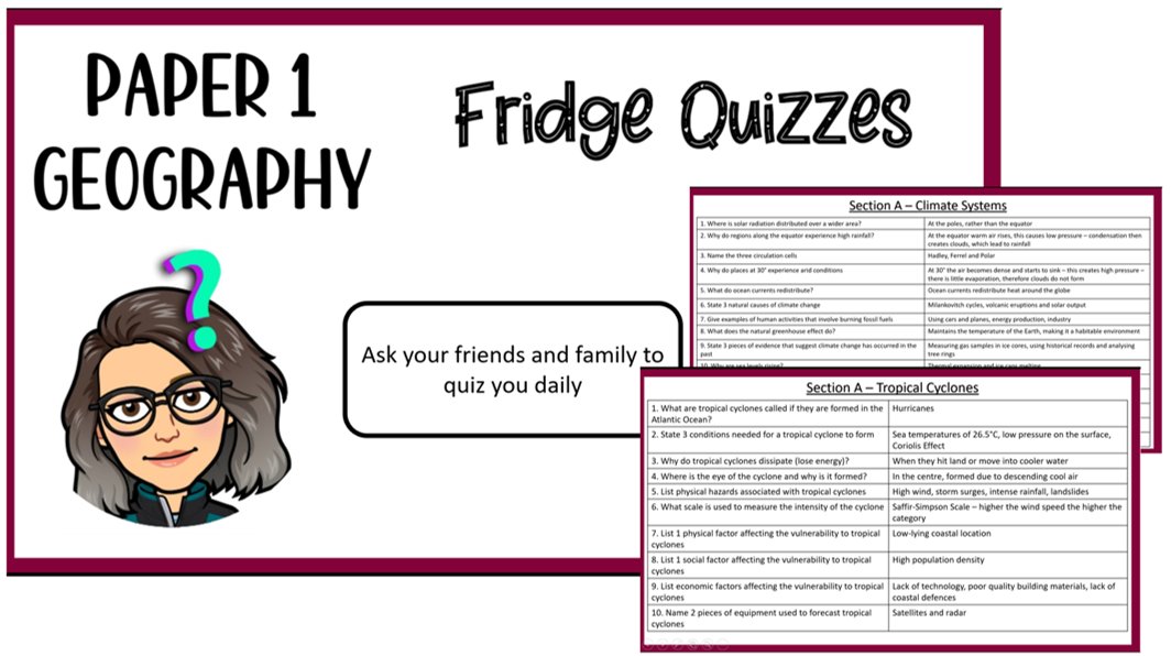 HelenPipe_1's tweet photo. πππFridge quizzes all ready to go for Year 11 - knowledge recall, right is right definitions, linked to their revision guides - perfect for self-quizzing or getting friends and family involved πππ#edexcelb #geographyteacher #geography #knowledgerecall #revision #year11 https://t.co/12Tmz45ayP
