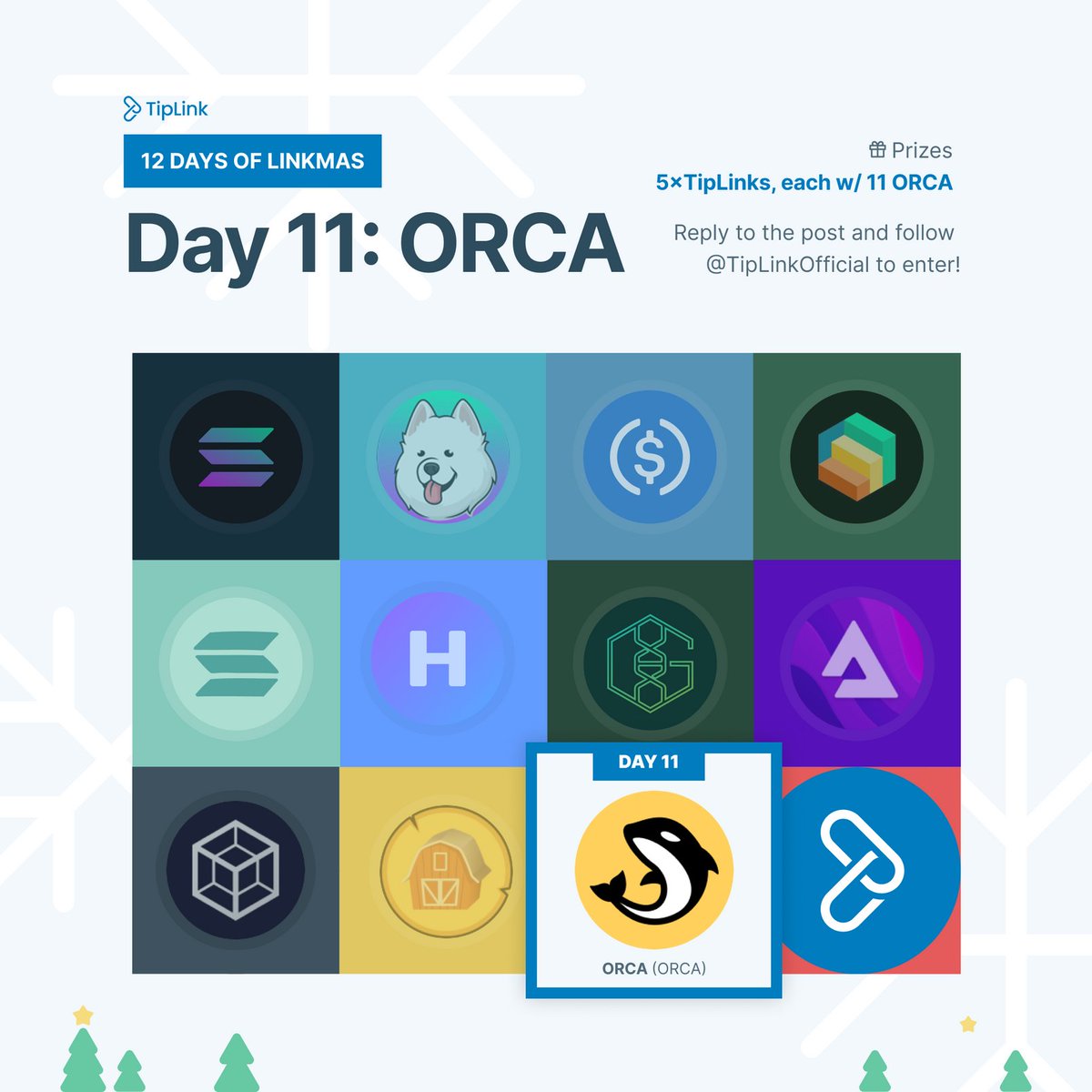 TipLinkOfficial's tweet photo. We are on day 11/12 of Linkmas, gifting TipLinks for the holidays!

🎶On the 11thday of Linkmas, TipLink gifted ‘me,’ 11 ORCA (@orca_so) to five different people via TipLinks!🎶

Prizes 🎁: 5x TipLinks, each with 11 ORCA

Follow @TipLinkOfficial and reply to enter! https://t.co/r9L8iIJaNZ