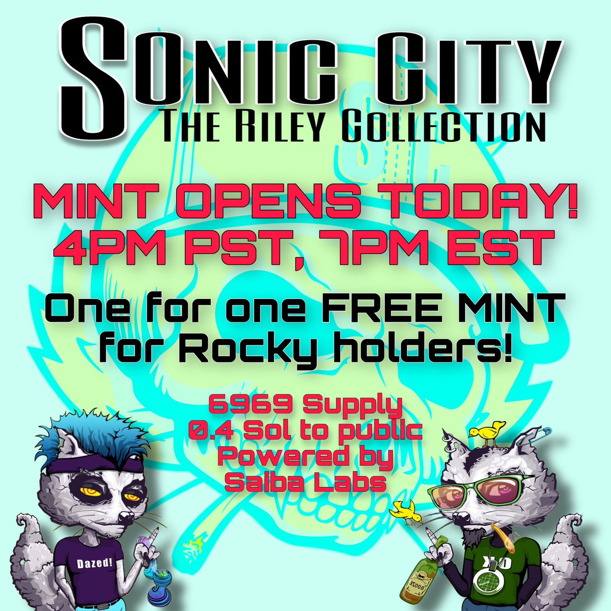 TODAY IS THE DAY!
8 hours to go!
Music is medicine and Sonic City is here to kill your bear market blues!
Still time to grab a FREE MINT token. Go to the discord and ask for the Riley Role!

instabio.cc/soniccity

MINT LINK DROPS AT 3:55 pm. 

@SaibaLabs <a href="/MetaTattooClub/">MTC | #LGFI 🏛</a> <a href="/SPIN/">SPIN</a>