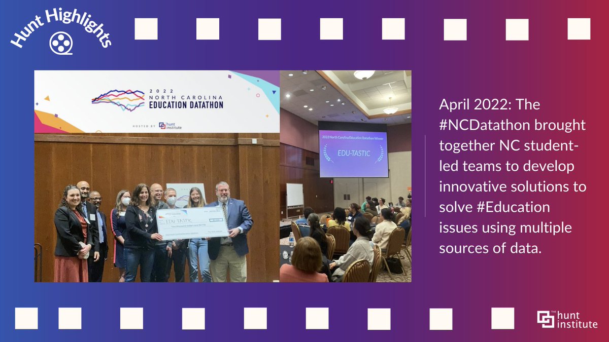 Hunt_Institute's tweet photo. #HuntHightlight: In April, we hosted our first ever #NCDatathon, bringing together NC student-led teams to develop innovative solutions to solve #Education issues using data. Watch the full award ceremony on our YouTube page to learn more: https://t.co/NO6ZgLvRCb https://t.co/0Z42NEuOBh