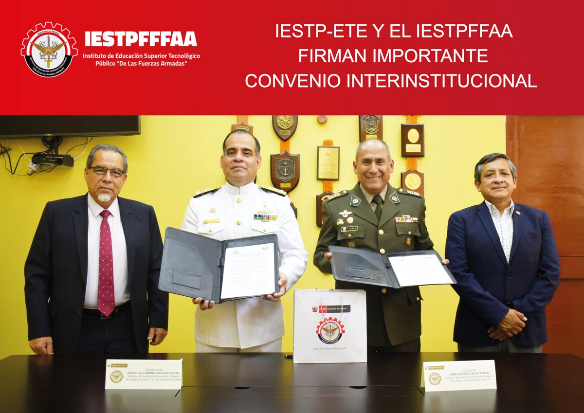 IESTPFFAA's tweet photo. IESTP-ETE Y EL IESTPFFAA FIRMAN IMPORTANTE CONVENIO INTERINSTITUCIONAL 
La firma del convenio se realizó en las instalaciones del IESTPFFAA, en presencia del contralmirante Rafael Calizaya Portal, así como el coronel de Infantería Jaime Alberto Cacho Roncal director de la ETE https://t.co/XzSk0VJWMF