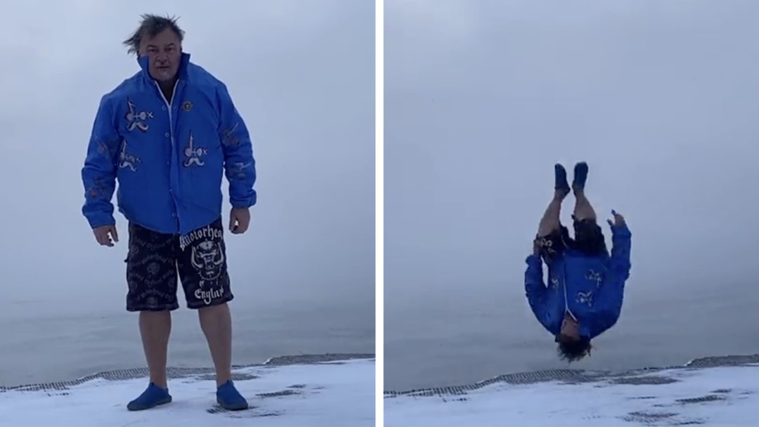BlockClubCHI's tweet photo. The "Great Lake Jumper" just dove into Lake Michigan while it was -7 outside. 🥶  https://t.co/uATZZChCry https://t.co/AwtRBDiSN3