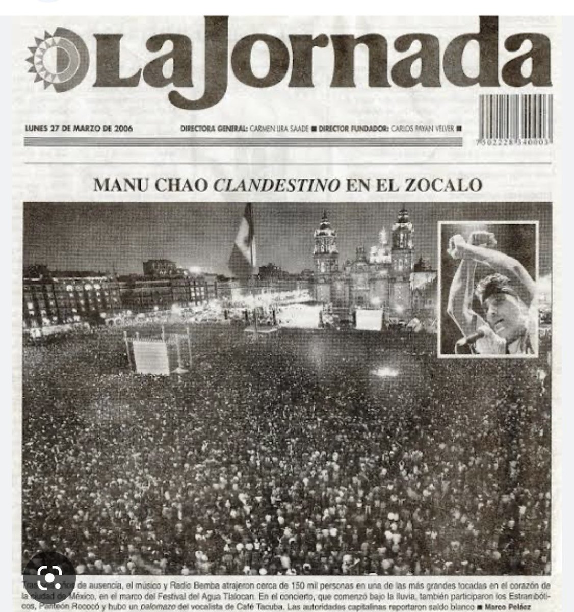 Claro que estamos buscando también a Manu Chao. Calderón lo catalogó persona non grata nosotros le daremos nuevamente la bienvenida como lo hicimos en 2006 en la ciudad de derechos y libertades. Aquí aquel concierto inolvidable vía <a href="/LaJornada/">La Jornada Impresa</a>