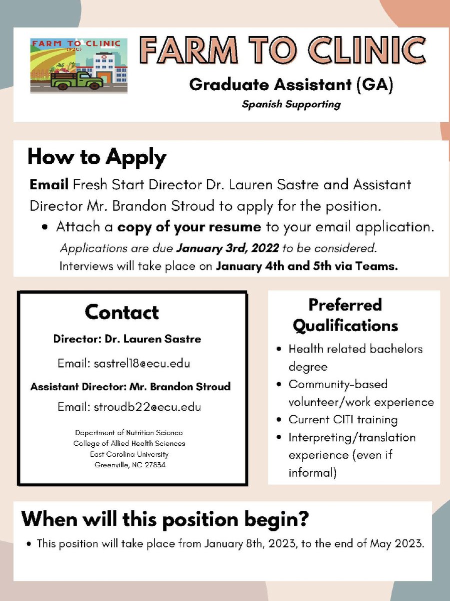 ECUNursing's tweet photo. The Nutrition Science team at the College of Allied Health Sciences is looking for a Graduate Assistant to help with their Farm to Clinic program.
 
If interested email sastrel18@ecu.edu and stroudb22@ecu.edu by Jan. 3. Interviews Jan. 4 and 5, anticipated start Jan. 8 or 16. https://t.co/AALlxGEsRy