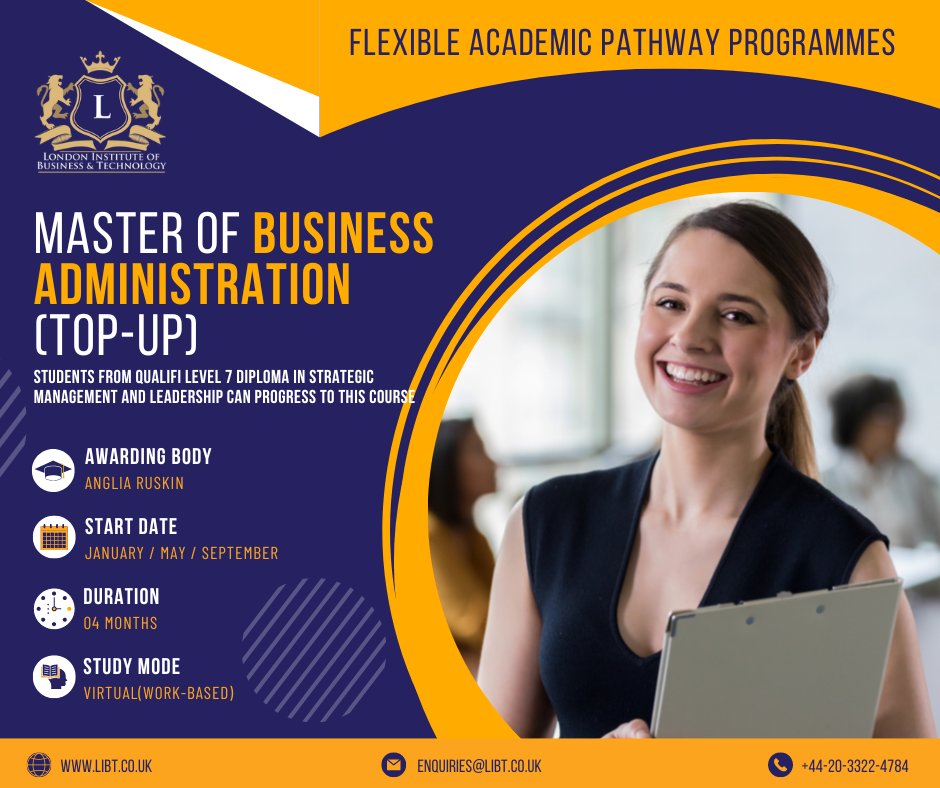 LondonIBT's tweet photo. Take your career to new heights in 2023 with #LIBT! 

Sign-up for the JANUARY 2023 intake of the Master of Business Administration Top-up awarded by @AngliaRuskin. Further details: https://t.co/2bepm3nPyt

Get in touch today to enrol/learn more: enquiries@libt.co.uk 

#MBA #ARU https://t.co/FCFrhJndJk