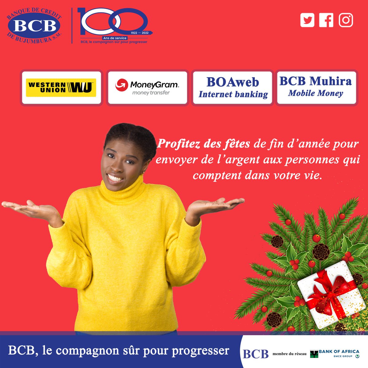 bcb_sm's tweet photo. Profitez des fêtes de fin d'année pour envoyer de l'argent aux personnes qui comptent dans votre vie.
#bcb_le_compagnon_sûr_pour_progresser
#visitburundi
#diasporaburundaise
#bcbmuhira
#boaweb
#Moneygram
#WesternUnion https://t.co/LSOQVKMY4j