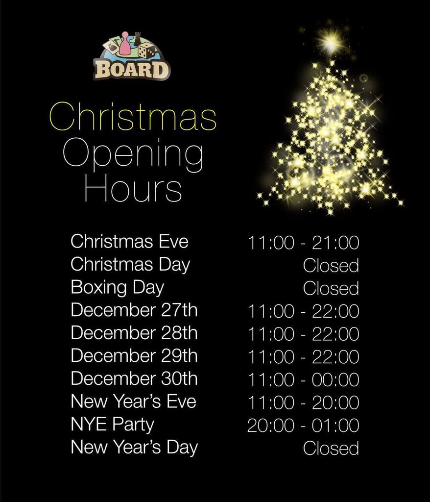 PlayAtBoard's tweet image. Here’s our opening hours over the holiday period. 🎄 We’ll be open a bit longer on Christmas Eve this year for people to come in and celebrate with their family or friends with a board game. You’ll also be able to pop in late to grab some last minute … instagr.am/p/Cmg-_K_I-NA/