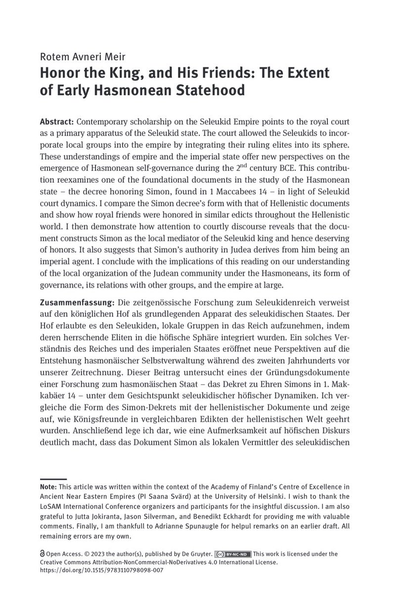Rotem Avneri Meir (@parsinmenetekel) on Twitter photo Final blatant self promotion for this year (or is it?) My open access chapter on early Hasmonean statehood is now available. Thanks <a href="/for2757/">FOR2757LoSAM</a>
degruyter.com/document/doi/1… Final blatant self promotion for this year (or is it?) My open access chapter on early Hasmonean statehood is now available. Thanks <a href="/for2757/">FOR2757LoSAM</a>
degruyter.com/document/doi/1…