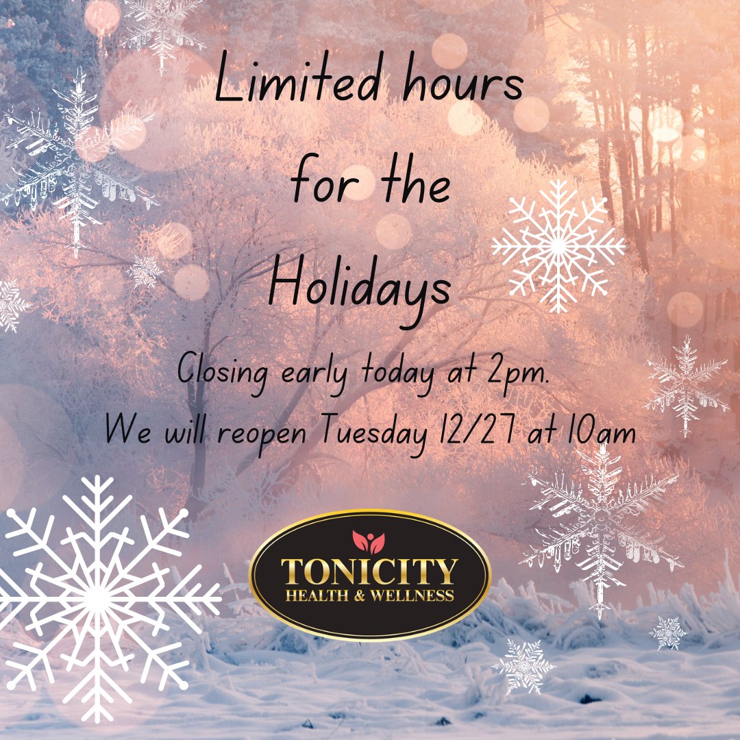 HealthTonicity's tweet photo. We will be closing early today to enjoy the Holidays, see you Tuesday 12/27 at 10am.

#medspa #holidayhours #safetyharborfl https://t.co/dejTXwPJge