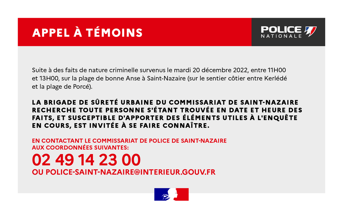 [#AppelàTémoins] Nos enquêteurs de #SaintNazaire travaillent activement à l'élucidation d'un viol sur mineur survenu mardi. 
1 détail peut être déterminant pour eux, merci de RT ⤵️