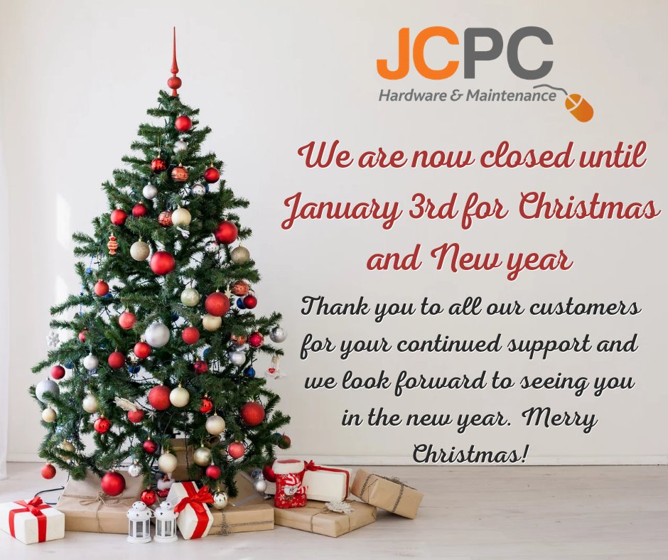 JCPCWorksop's tweet photo. JCPC is now closed for the Christmas period and will re-open as normal on Tuesday 3rd Jan. Thank you to all our customers and we hope you have a good one!

#JCPC #JCPCWorksop #Christmas https://t.co/UY8Mj9S6mj