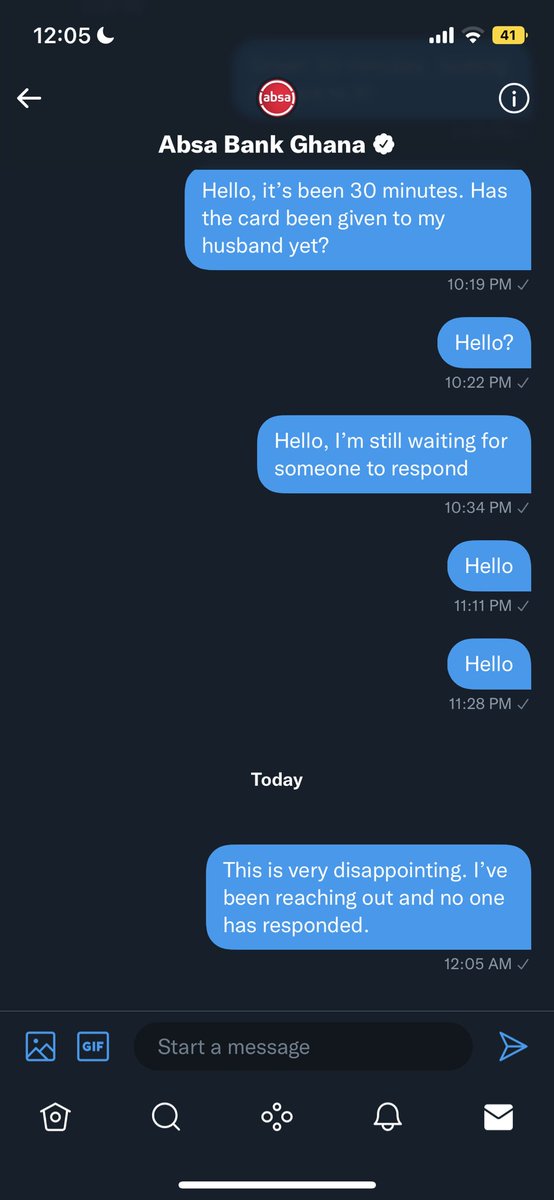 KishaHugh's tweet photo. @Absa @AbsaGhana I’ve been waiting for a response and nothing. I was told that management is working on the issue and it would be resolved in 30 minutes. Hours later no one is responding. Unacceptable. #returnthecard #absabank #absaghana #ghanabanking https://t.co/vrWOeezgi2