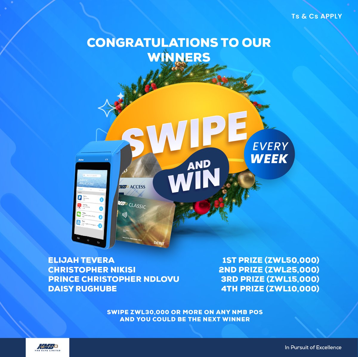 NMBBankZim's tweet photo. Congratulations to our Swipe and Win promotion 1st Week Draw Winners!
You can also be a winner, simply swipe ZWL30 000 or more on any NMB POS machine, at any location and stand a chance to win some AMAZING weekly cash prizes.
#NMBBank
#SwipeAndWin
#WinWithNMB https://t.co/l3cAxtCQXw