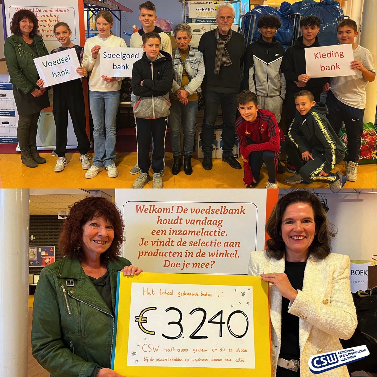 Alle vestigingen van CSW hebben bij elkaar een prachtig bedrag ingezameld voor de Voedselbank. Daarnaast kwam vestiging Van de Perre óók nog in actie voor de Speelgoed- en Kledingbank. Op naar fijne feestdagen voor iedereen! ❤️