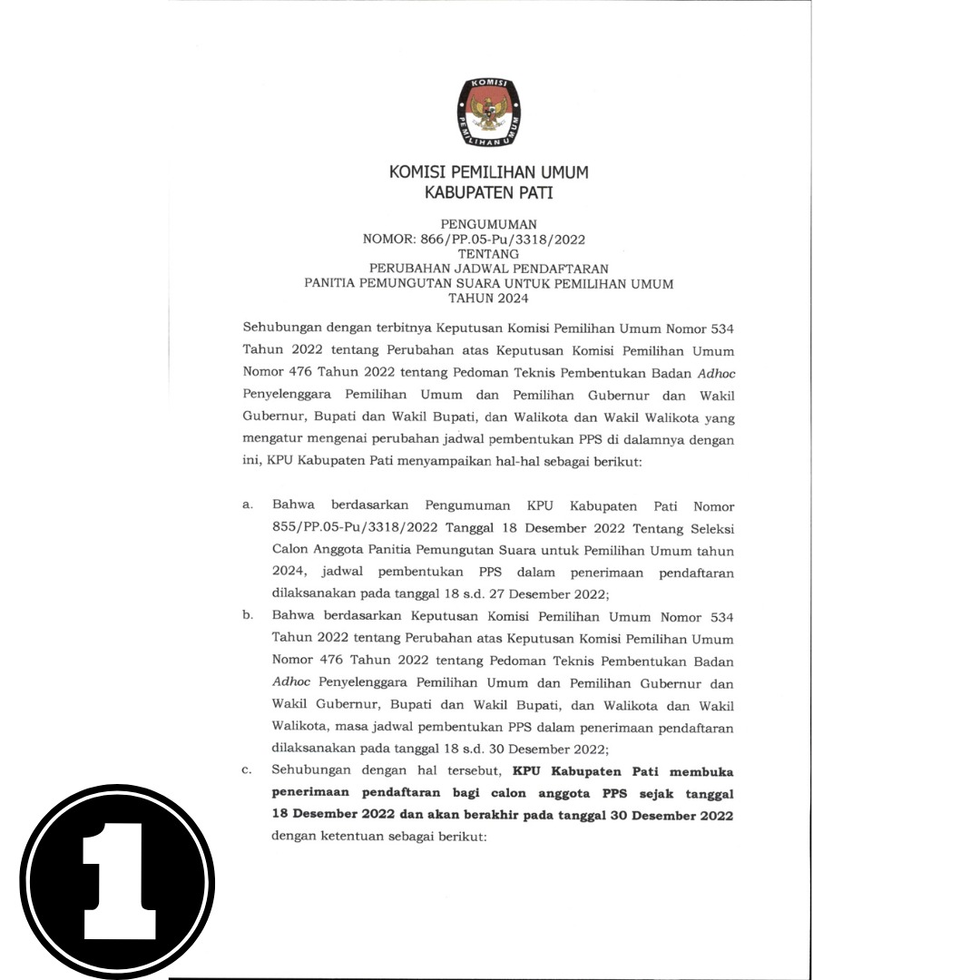 kpukabpati's tweet photo. #TemanPemilih...

Berikut adalah Perubahan Jadwal Pendaftaran Panitia Pemungutan Suara untuk Pemilihan Umum Tahun 2024 .

#KPUMelayani 
#PemilihanSerentak2024 https://t.co/pgwFsRTJjx