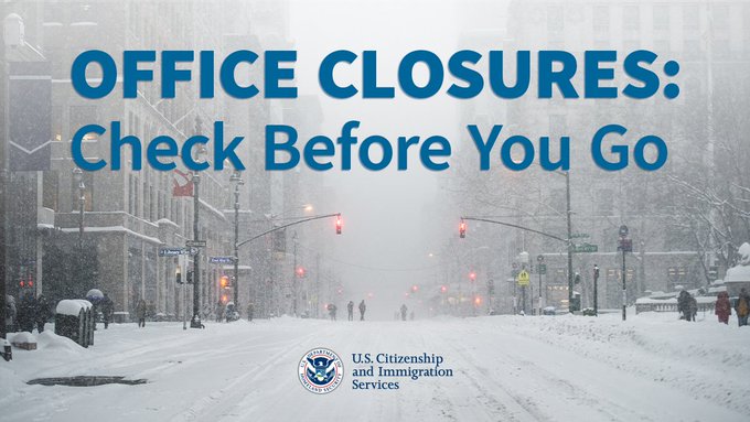 Extreme weather throughout the country may impact our field &amp; asylum offices and ASCs. 
Please check our website for the latest office closures and delayed openings before heading to your appointment: uscis.gov/about-us/uscis…