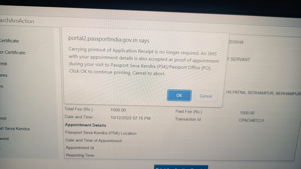 CeconPatnaik's tweet photo. @passportsevamea 
When it is mentioned in the portal "carrying printout of application is no longer required"
Why is it asked at the PSK - Berhampur,Head PO.
I had booked the slot at 2pm 23/12/2022 on behalf of my father's passport renewal.He was asked to get the hardcopy printed https://t.co/xnF7Z83VO0