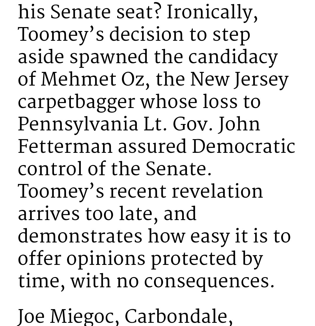 #PA <a href="/PhillyInquirer/">The Philadelphia Inquirer</a> LTE
@sentoomey was either incapable of seeing what tfg was... or he only cared about saving his seat that he now (thankfully) relinquishes.
#TaTaToomey