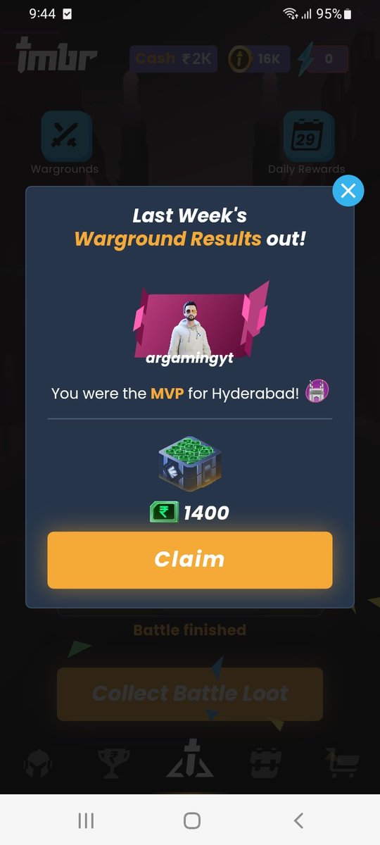 AbhiRam9699's tweet photo. I am the #MVP for #Hyderabad in last week's Warground in @IMBRgg app. As a reward I got โน1400 rupees ๐ค. Thank You #IMBR.
#loveu3000times
#argaming9699 #argaming #iambattleready #imbr https://t.co/UkJf7i0LNx