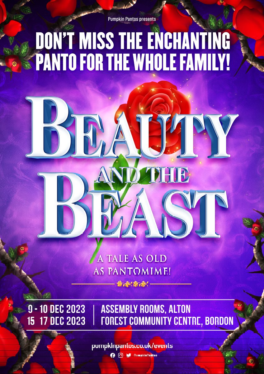 IT'S A BEAST OF A SHOW!

If you enjoyed this year's offering of Jack and the Beanstalk, then you will love our 2023 Christmas extravaganza 'Beauty and the Beast' coming to Alton Assembly Rooms and Forest Community Centre. 

pumpkinpantos.co.uk 

Artwork by <a href="/CraigRMcDowall/">Craig•Robert•McDowall</a>