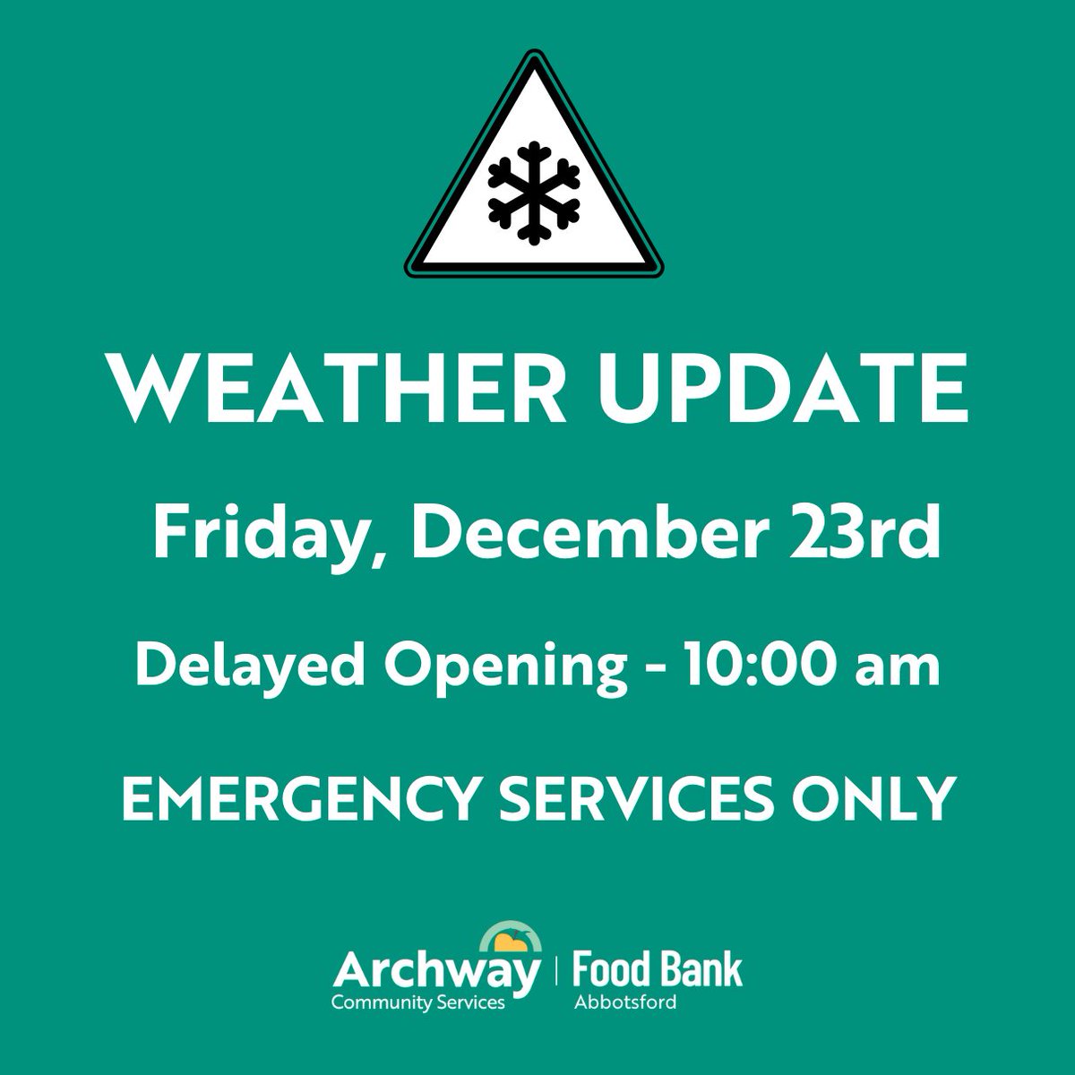 IMPORTANT WEATHER UPDATE!

Due to severe weather conditions, we will be open with minimal staff for emergency services only starting at 10:00 am. We advise all those who have appointments today, to stay home and reschedule by calling 604-859-5749.
