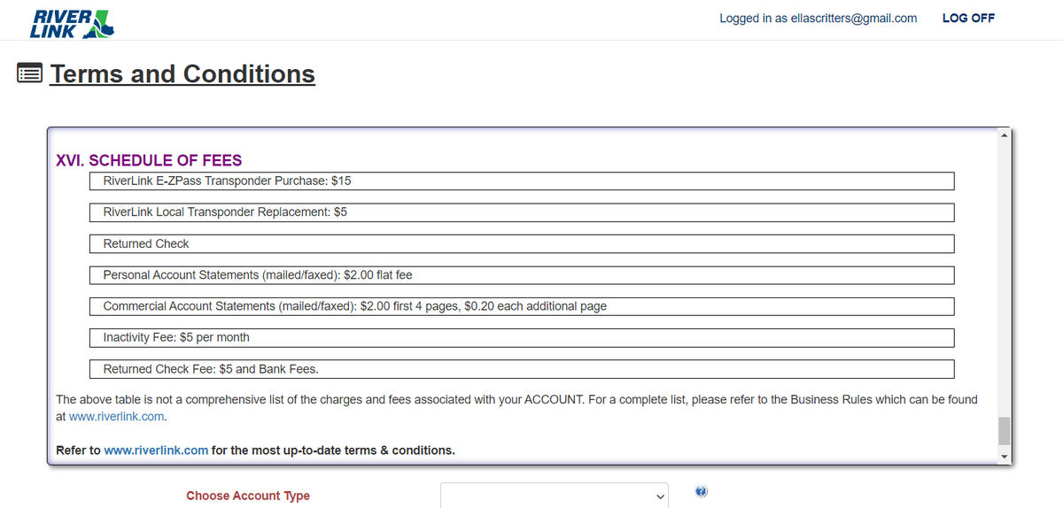LucyWondering's tweet image. FYI everyone, don't fall for signing up for an account for Riverlink tolls. T&amp;amp;Cs hide well below initial view that you'll be charged $5 per yr , + a $2 fee for paper statements if no email/did not optOut... @FTC FYI They are charging $2per mon even for inactive accts.
#Riverlink