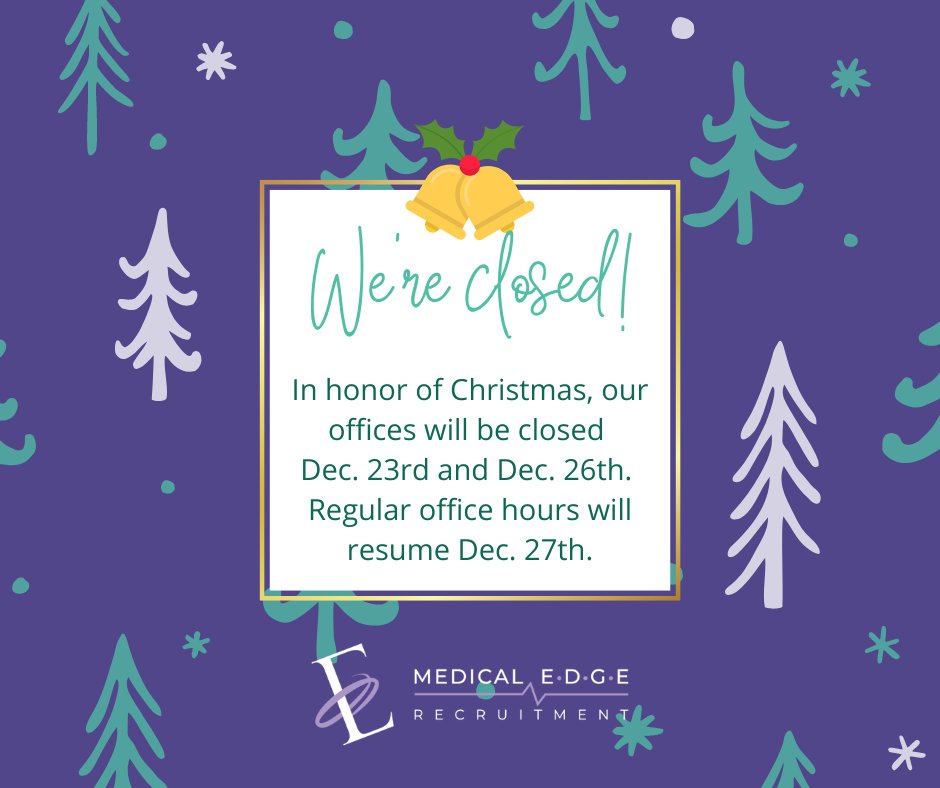 Medical_Edge's tweet photo. In honor of the holidays, MER is closed. Merry Christmas, and we will see you on Tuesday, December 27th!
#Medicaledge #FindyourEdge #connectedincaring #travelnurse #adventureawaits #Nurses https://t.co/kyTaiwYN6P