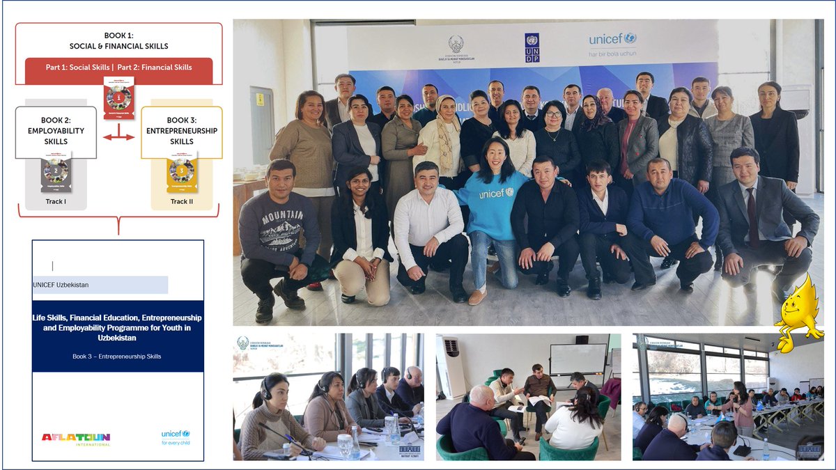 Monasch's tweet photo. Employability &amp; Entrepreneurship Skills Development -Uzbekistan

@Aflatoun, @UNDP_Uzbekistan &amp; @UNICEF_UZB completed 5-day training of trainers for @Uzb_MinLabour

https://t.co/O8oalO7tY4

#SDG4 #SDG8 #FinancialSkills #EmployabilitySkills #EntrepreneurshipSkills @UNDP4Youth https://t.co/Owg0iI1nf1