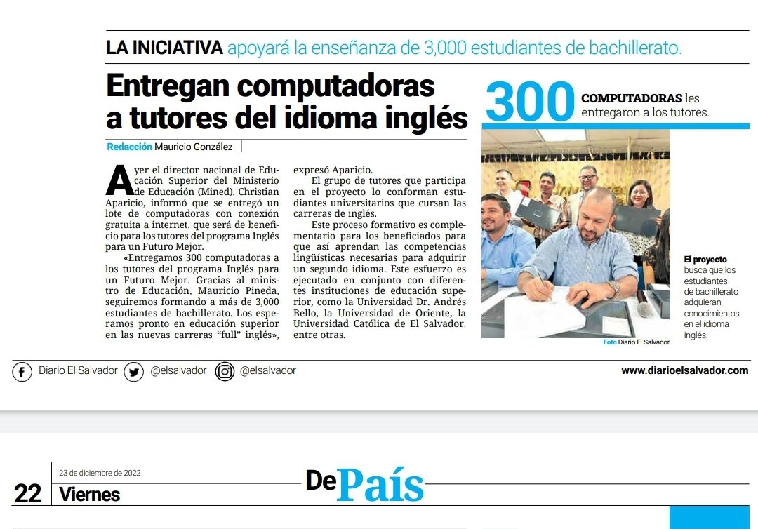 Gracias a los 300 voluntarios, 3mil beneficiarios, 7 instituciones de <a href="/EduSuperiorSv/">Educación Superior SV</a> y el total apoyo del Ministro de <a href="/EducacionSV/">Ministerio de Educación</a> <a href="/JMauricioPineda/">José Mauricio Pineda R.</a> estamos cumpliendo la misión encomendada por el Presidente <a href="/nayibbukele/">Nayib Bukele</a> de mejorar la calidad de vida a través de la Educación