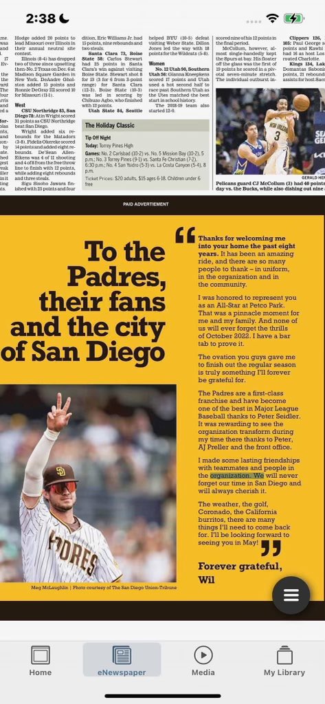 He paid to thank this city in the paper. Oh wil 🥺🥺 #padres