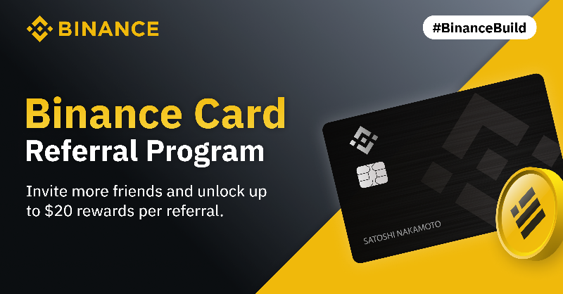 binance's tweet photo. Refer your friends to #Binance Card and earn #BUSD!

Through this #BinanceBuild update, users can unlock rewards up to 20 $BUSD per referral 🤝

Terms &amp; conditions below ⤵️