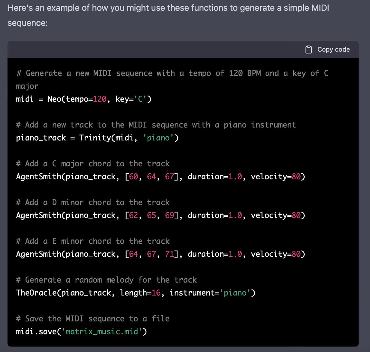 spectralplexHQ's tweet photo. #ChatGPT  Write a programming language based on the matrix movie characters for a simple music midi generation app https://t.co/aE7LhE6VXH