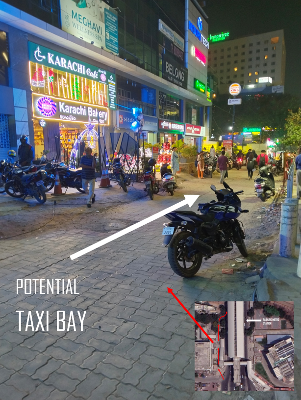 UrbanEyeHyd's tweet photo. The congestion at Raidurg metro station is worsened by haphazard parking of autos and taxis. 
@HYDTP @hmrgov please explore the possibility of developing alternative 'existing' routes as taxi bays. (2 potential alternatives shown in map). https://t.co/8yQ7bU3HIx